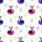 Cute cartoon panda swims in the pool. Panda in glasses drinks a cocktail. Seamless pattern.