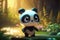 Cute Cartoon Panda With Very Big Eyes And Pitying Gaze A Forest With A Glowing Lake. Generative AI