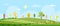 Cute cartoon panorama landscape of Spring field and spring flowers with family bee flying, Lovely card with sun shine, cloud and