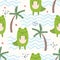 Cute cartoon pattern with crocodiles, palms, waves