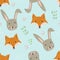 Cute cartoon pattern with fox, hare and grass