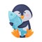 Cute Cartoon Penguin Embracing Fish Vector Illustration