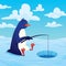 Cute cartoon penguin fisher fishing with a fishing rod.