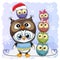 Cute Cartoon Penguin and five Owls