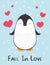 Cute cartoon penguin greeting card for Merry Christmas and New Yearâ€™s celebration under snow with love hearts vector