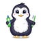 Cute cartoon penguin with toothpaste and toothbrush.