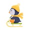 Cute Cartoon Penguin Wearing Warm Hat and Scarf Sledging Vector Illustration