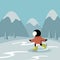 Cute cartoon penguin wearing warm winter clothes ice skating on frozen surface against mountains