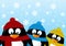 Cute cartoon penguins on winter background
