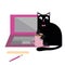 Cute cartoon pet cat and laptop vector illustration. Cheeky black feline character plays with coffee cup and disrupts