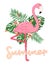 Cute cartoon pink flamingo on white background, wild tropical bird with exotic leaves and flowers, hand lettering, editable vector