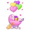 Cute cartoon pink girl pram stroller, toy, babies dummy, gift and balloons.