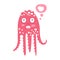 Cute cartoon pink octopus character dreaming, funny ocean coral reef animal vector Illustration