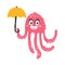 Cute cartoon pink octopus character holding umbrella, funny ocean coral reef animal vector Illustration