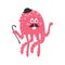 Cute cartoon pink octopus gentleman character with mustache and black hat, funny ocean coral reef animal vector