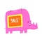 Cute cartoon pink rhinoceros with Sale sign board. African animal colorful character vector Illustration