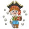 Cute cartoon pirate boy with saber and chest color variation for coloring page on white