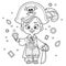 Cute cartoon pirate boy with saber and  jewels outlined for coloring page on white