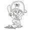 Cute cartoon pirate boy with saber and treasure trophies outlined for coloring page on white