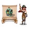 Cute cartoon pirate girl with treasure chest on the old scroll.