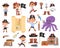 Cute cartoon pirates. Child pirate, kids wear party costume. Sea or ocean characters, treasure map, wooden chest