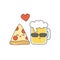 Cute cartoon pizza and glass of beer in love funny vector illustration