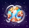 Cute cartoon planet at space background and bright stars around, game icon, galaxy theme