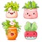 Cute cartoon plants in flowerpot. Plant in kawaii style in flower pot. Home garden, hobby and leisure concept. Gardening and