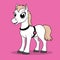 Cute cartoon pony on pink background, smiling white pony with brown mane, cheerful pony wearing harness vector