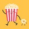 Cute cartoon popcorn character on yellow background. Popcorn walks holding babys hand. Flat style