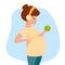 Cute cartoon pregnant woman in pants and t-shirt listens to music with headphones holds green apple in her hand.