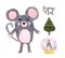 Cute cartoon pretty little gray mouse.Christmas watercolor illustration, hand painted, isolated