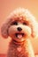 Cute cartoon puppy, with peach colored curly hair. Satisfied muzzle, portrait of a puppy.