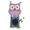 Cute cartoon purple owl with big bulging eyes sit on a stump of a tree