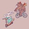 Cute cartoon rabbit in dress on scooter and bear on bike vector illustration