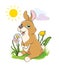 Cute cartoon rabbit and flowers, grass. Little bunny vector illustration
