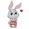 Cute cartoon rabbit with a heart. Easter bunny in striped pants. Greeting card, vector illustration