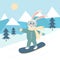 Cute cartoon rabbit in ski mask is snowboarding. Winter mountain landscape