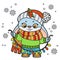 Cute cartoon rabbit in warm scarf  with garland color variation for coloring page on white
