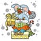 Cute cartoon rabbit in warm scarf and sweater with gift in paw sit on a gift box color variation for coloring page on white