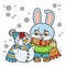 Cute cartoon rabbit in warm scarf and sweater talking to a snowman color variation for coloring page on white