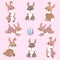 Cute cartoon rabbits. Funny furry gray hares, Easter bunnies standing, sitting, running, jumping, Set of flat cartoon vector