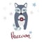 Cute cartoon raccoon in a sweater with a cup, star decoration and lettering.