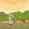 cute cartoon raccoon sweeping leaves