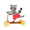 Cute cartoon raccoon traveling by homemade scooter.