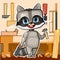 Cute cartoon Raccoon at workbench in the carpentry workshop with a saw and a hammer. Flat style. Helps dad. Picture for