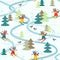 Cute cartoon raccoons on skiing in the forest. Winter seamless pattern