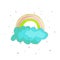 Cute cartoon rainbow on blue cloud icon. Colored funny rainbow and cloud with decoration on background. Cartoon blue