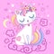 Cute, cartoon, rainbow cat unicorn on a pink background. Vector
