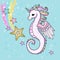 Cute cartoon, rainbow seahorse unicorn with starfish. Vector